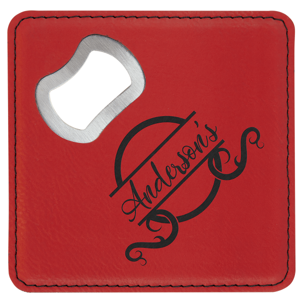 Engraved 4" x 4" SquareLeatherette Bottle Opener Coaster