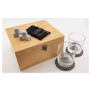 Engraved Whiskey Set With Two Oz. Glasses, Two Slate Coasters And Eight Granite Whiskey Stones With A Velvet Bag.